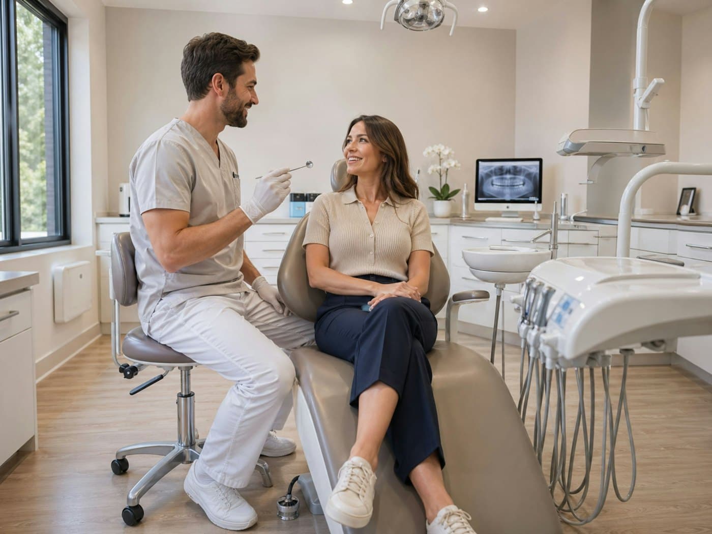 Example page imagery — a dentist talking with a patient